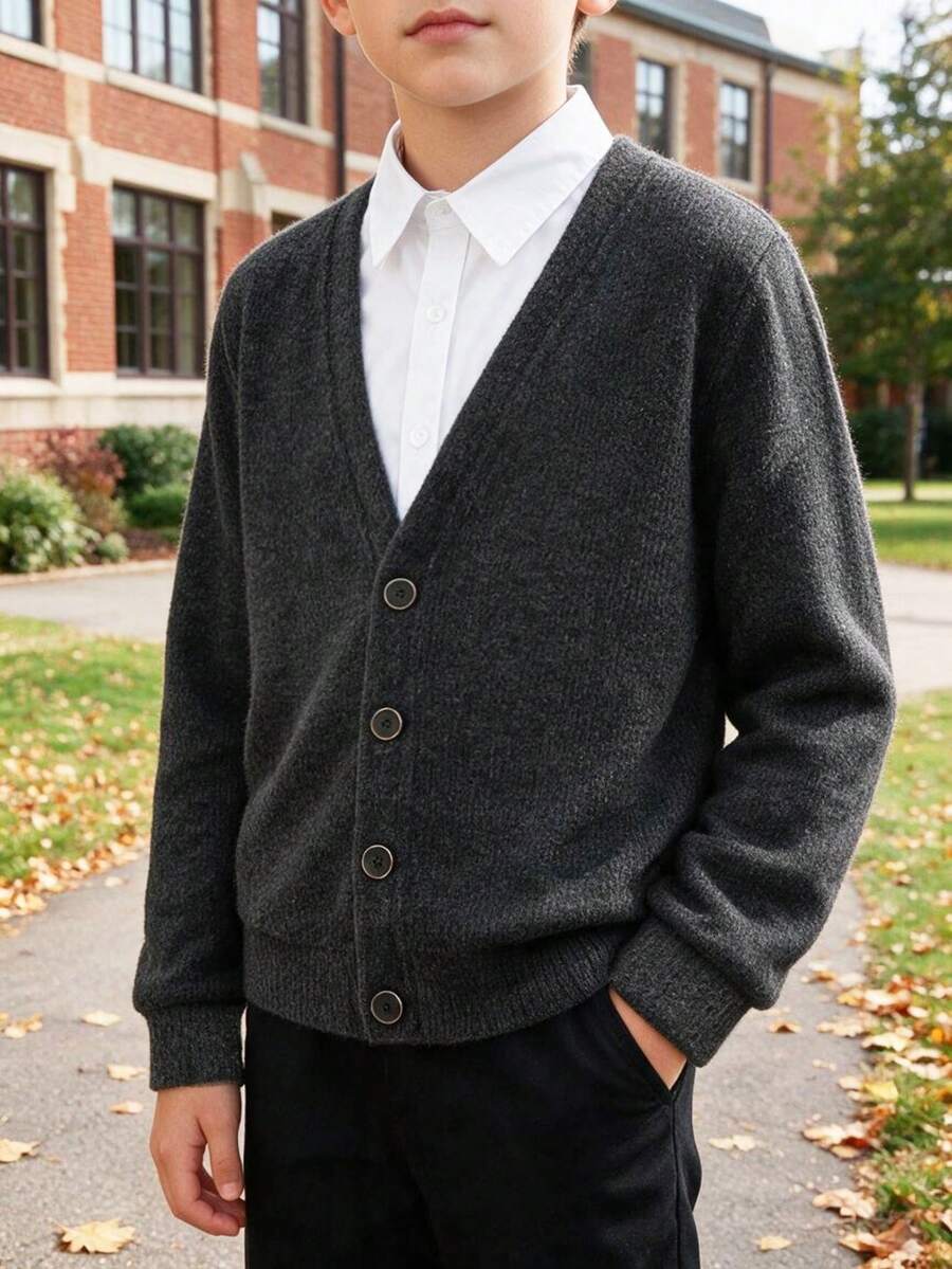Unisex Kids & Teens Dark Grey Textured Long Sleeve Cardigan, Preppy Style, Suitable For Back To School, Daily Wear, Autumn/Winter - Black - View 1