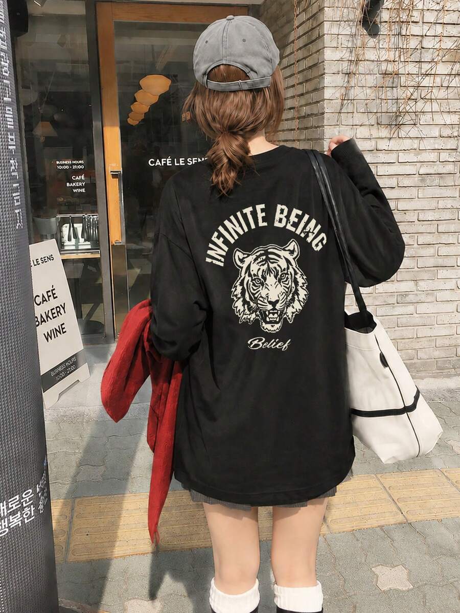 女款寬鬆極簡時尚百搭字母與卡通印花長袖T恤,休閒風格,秋冬款 - 黑色 - 查看 1
