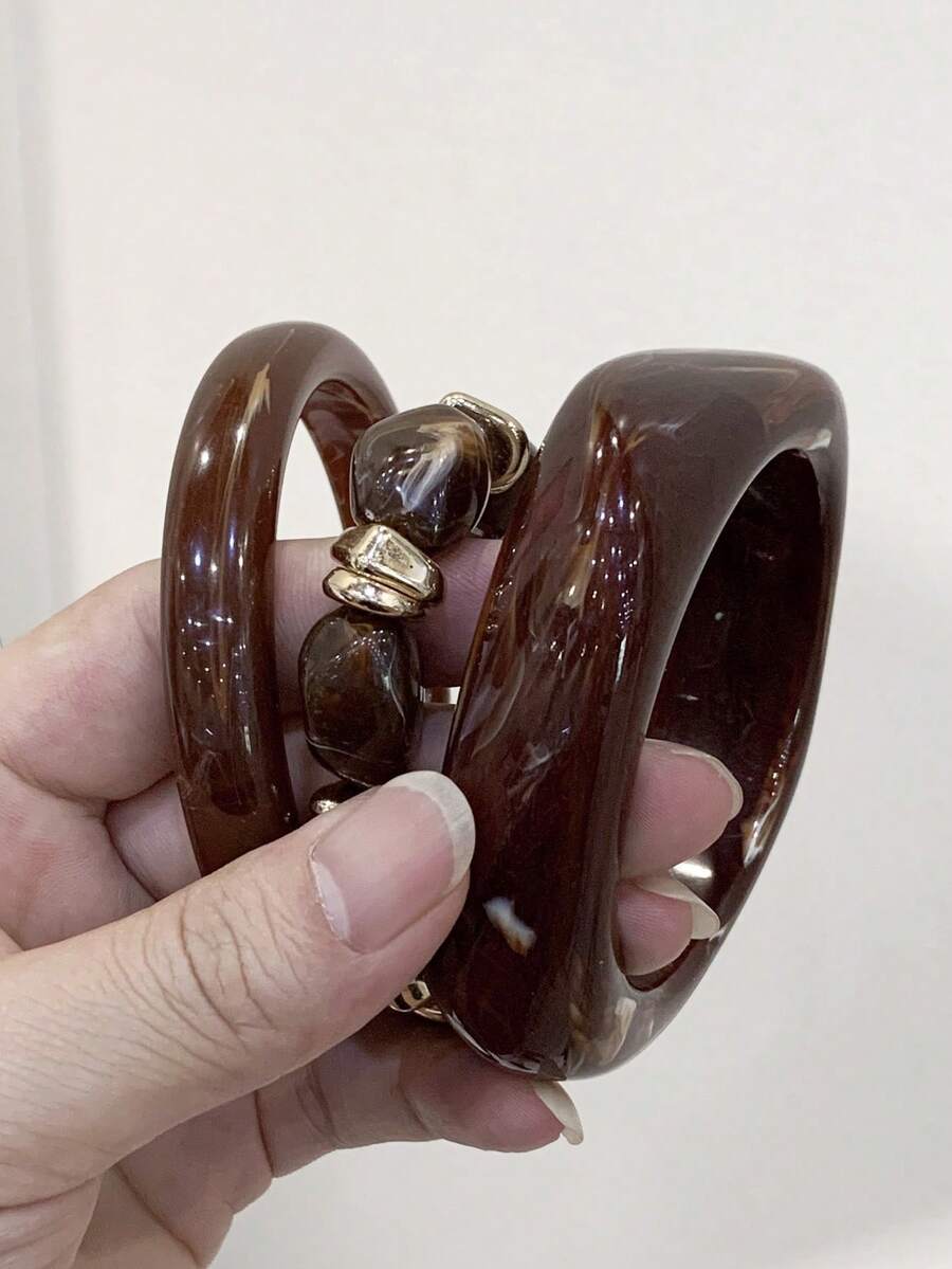 3pcs/Set Fashion Vintage Thick Multicolor Asymmetrical Acrylic Bangle Bracelet Set, Suitable For Women, Daily Wear, Gift For Friends And Family - Multicolor - View 1