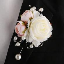 1pc Unisex Elegant Faux Silk Pink & Cream Rose Brooch - Multicolor - View 7