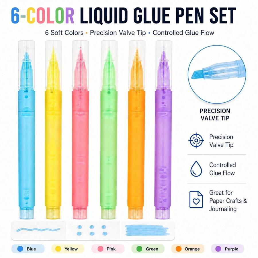 Pulpen Lem Presisi, 6 Pulpen Lem Cair Berwarna, Lem Kerajinan Ujung Halus dengan Kontrol Aliran untuk Membuat Titik, Jurnal, Scrapbooking, Pembuatan Kartu & Kerajinan DIY - Pulpen lem warna-warni (isi 6) - View 1