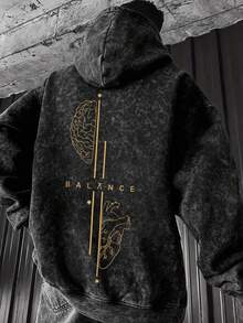 Men's Washed Distressed Hoodie BALANCE Brain & Heart Print Kangaroo Pocket Drawstring Hooded Sweatshirt - Black - View 2