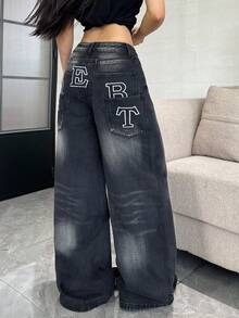 1pc Women's Fashionable Casual Loose Fit Embroidered Multi-Pocket Black Denim Wide Leg Jeans, Versatile For All Seasons (Belt/Accessories Not Included) - Black - View 3