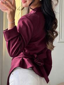 Black Stand Collar Ruffle Trim Blazer, Slim Fit Waist, French Elegant Commuter Style - Burgundy - View 6