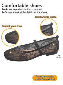 XfxfA Women's Lace/Mesh/Single Strap Mary Jane Flats, Breathable And Comfortable, Suitable For Daily Casual/Shopping/Commuting Wear - Black - View 7