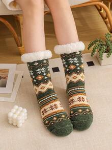 1 Pair Women's Fuzzy Socks, Thick Fleece Mid-Calf Socks, Christmas Gift For Women In Autumn And Winter - Army Green - View 7