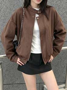 Women's Solid Color Casual Versatile Daily Wear Long Sleeve Jacket - Brown - View 2