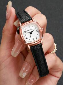 Minimalist Vintage Style Women's Wristwatch, Rose Gold Small Square Case With Brown Leather Strap, Clear Number Dial, Versatile Quartz Watch For Daily Wear, Gift For Girlfriend (1pc/Set), Watch Box Not Included - Black - View 5
