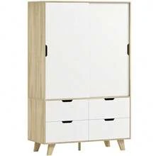 Modern Bedroom Wardrobe With Sliding Doors, Hanging Rail, Adjustable Shelves, And 4 Drawers, Oak And White - Natural+White - View 3