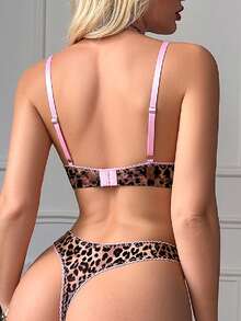 Women's 2 Pieces Lingerie Set, Leopard Print Bow Triangle Bra And Thong Sexy Intimate Set - Pink - View 4