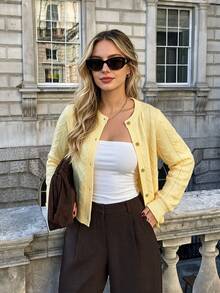 DONICY Women's Pale Yellow Hollow Crew Neck Single Button Cropped Knit Cardigan, Long Sleeve Thin Layering Sweater For Fall Winter Daily Wear - Yellow - View 10