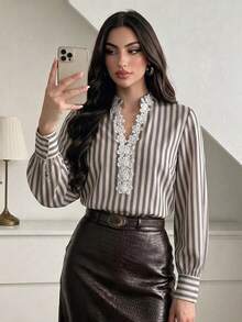 Lace Trim Striped Long Sleeve Elegant Top For Date - Multicolor - View 1