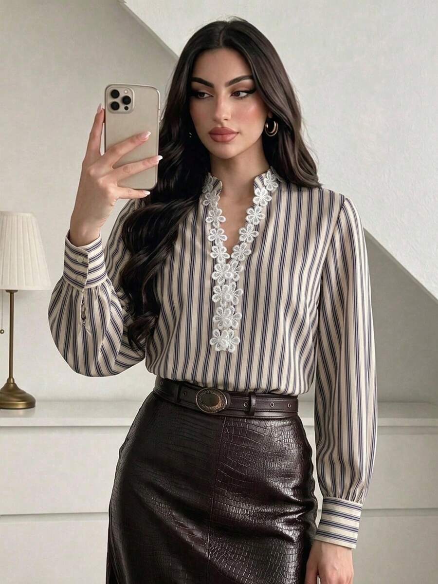 Lace Trim Striped Long Sleeve Elegant Top For Date - Multicolor - View 1