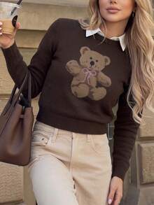 Women's Bear Pattern Casual Daily Wear Knit Top - Brown - View 3