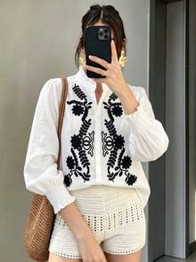 Women's White Floral Leaf Embroidered Stand Collar Long Sleeve Button Front Ruffle Cuff Shirt For Casual Vacation Home Holiday Spring Autumn Winter - White - View 1