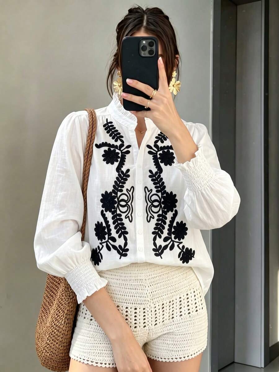 Women's White Floral Leaf Embroidered Stand Collar Long Sleeve Button Front Ruffle Cuff Shirt For Casual Vacation Home Holiday Spring Autumn Winter - White - View 1
