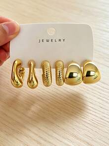 6-18PCS Women's Elegant Gold Earrings Studs Set, Large & Small C-Hoops, Wide & Narrow C-Hoops, Twisted, Ribbed, Water Drop, Suitable For Holiday Party, Daily Wear, Vacation, Best Gift For Women (Lightweight CCB Material, Non-Fading) - Gold - View 5