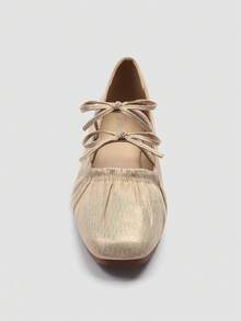 ADAMUMU Shiny Fabric Double Bow Ruched Square Toe Flat Shoes, Gathered Ballet Soft Sole, Sweet & Cool Versatile Comfortable - Gold - View 5
