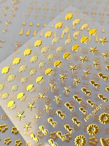 6pcs Gold Luxury Metal Minimalist Nail Art Stickers, Multiple Heart Star Bowknot Shell Cross Flower Self-Adhesive Nail Decals, Minimalist Metallic Texture DIY Nail Decoration - Multicolor - View 6