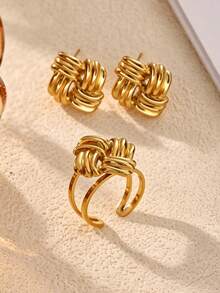Classic Stainless Steel Braided Knot Earrings And Rings,18K Gold Plated Jewelry Set,Suitable For Daily Wear, Party, Banquet, Gift For Friends,Mom - 1 - View 2