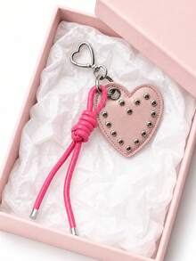 Retro Punk Style Heart-Shaped Rivet Keychain,Featuring A Heart-Shaped Metal Hook And Knotted Tassel Rope Design,Pu Leather Pendant,Charm Bag Accessory - Multicolor - View 1