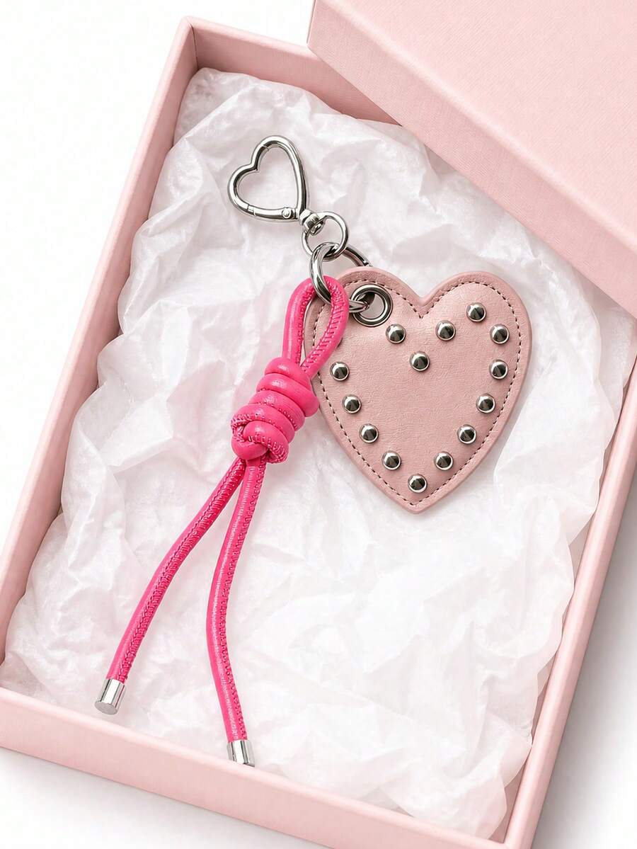Retro Punk Style Heart-Shaped Rivet Keychain,Featuring A Heart-Shaped Metal Hook And Knotted Tassel Rope Design,Pu Leather Pendant,Charm Bag Accessory - Multicolor - View 1