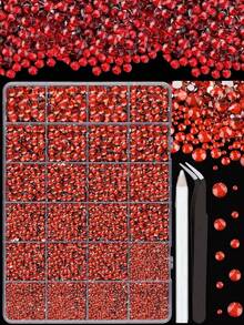 1 Box Random Mixed Color ABS Red Rhinestone Nail Art Decoration Set, 3D Multi-Size Round Flat-Back Rhinestones, Includes Decoration Pen And Glue, Valentine's Day DIY Handmade Multi-Function Nail Art Accessories, Gift For Her - Red - View 4