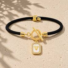 Initial Charm Black Rope Gold Plated Letter Bracelets For Women Men Toggle Closure Cubic Zirconia Tag - Yellow Gold - View 17