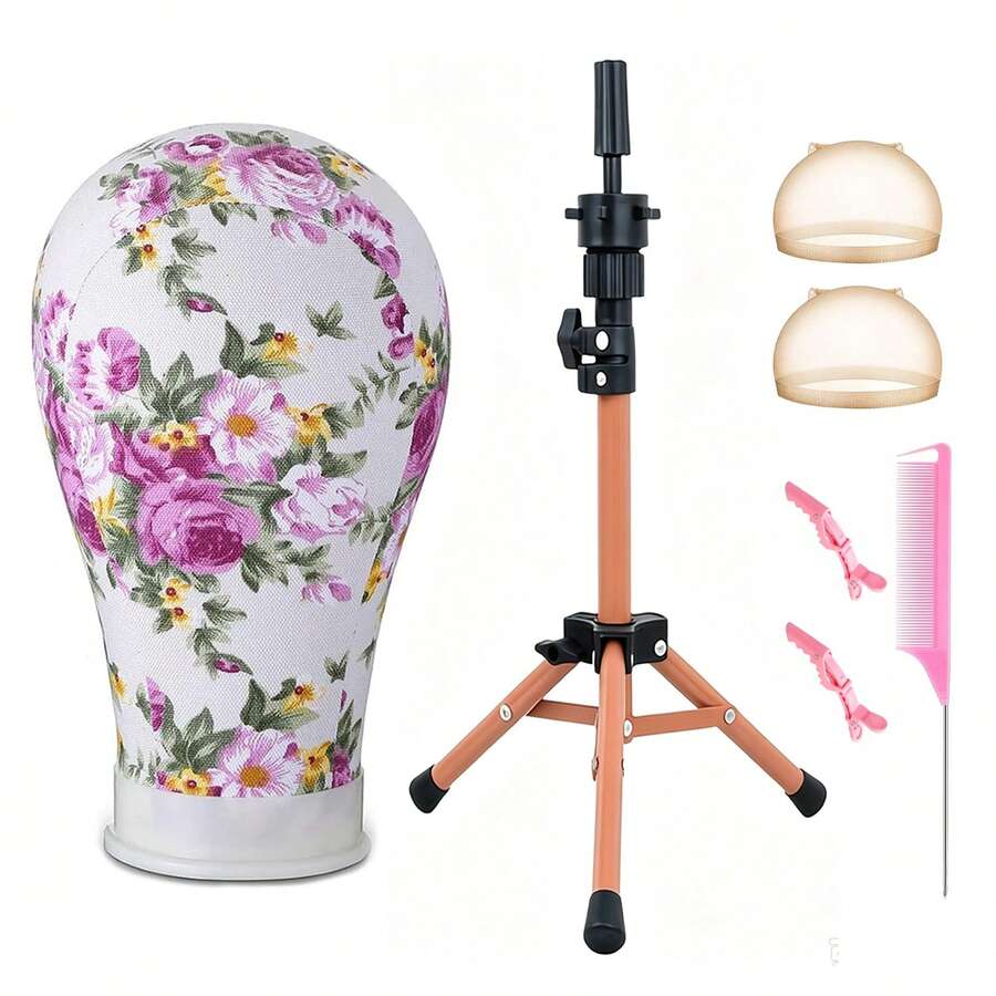 22 Inch Canvas Wig Mannequin Head With Mounting Hole, 22-Inch Tripod Display Stand, HD Wig Caps, Rat-Tail Comb, Hair Clips And Other Matching Accessories, For Wig Display, Styling And Making. - View 1