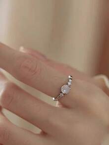 1pc Minimalist Fashion Versatile Premium Sense Unique Vintage Open Index Finger Ring Birthday Gift Faux Moonstone Ring For Women - Silver - View 3