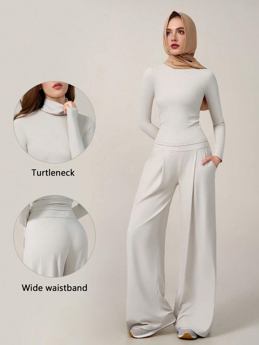 TimeOff Women's One Set Autumn/Winter Solid Color Stacked High Neck Long Sleeve Top With Side Pockets And Pleated Waist Design Wide Leg Pants - Apricot - View 1