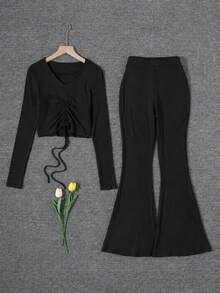 Women's Ribbed High-Quality V-Neck Drawstring Short Long Sleeve Top And High-Waisted Flared Pants 2 Pieces Set, Elegant Casual Thick - Black - View 3