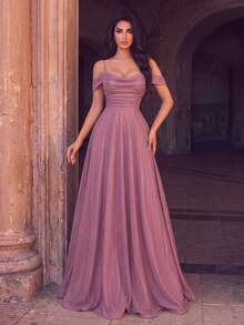 Style Elegant Spaghetti Straps Party Dress – Pleated Bust, Cross-Back Straps, Flowing Floor-Length Hem – Perfect For Weddings, Dinners, Nights - Dusty Pink - View 3