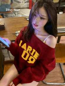 复古美式慵懒露肩毛衣，宽松针织上衣，女士秋冬春季款 - 紅色 - 查看 8