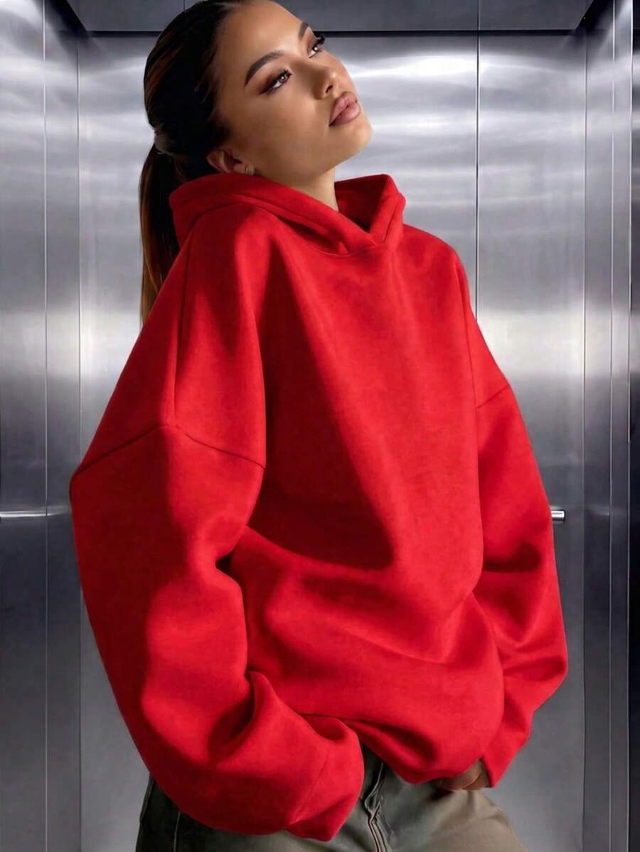 Women's Casual Fleece Loose Hooded Sweatshirt, Wardrobe Essential, Autumn/Winter , Simple Red Fall