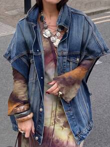 Fashionable Versatile Loose Turndown Collar Denim Jacket, Unique Design Short Sleeve Denim Jacket For Commuting Casual Summer - Dark Wash - View 1