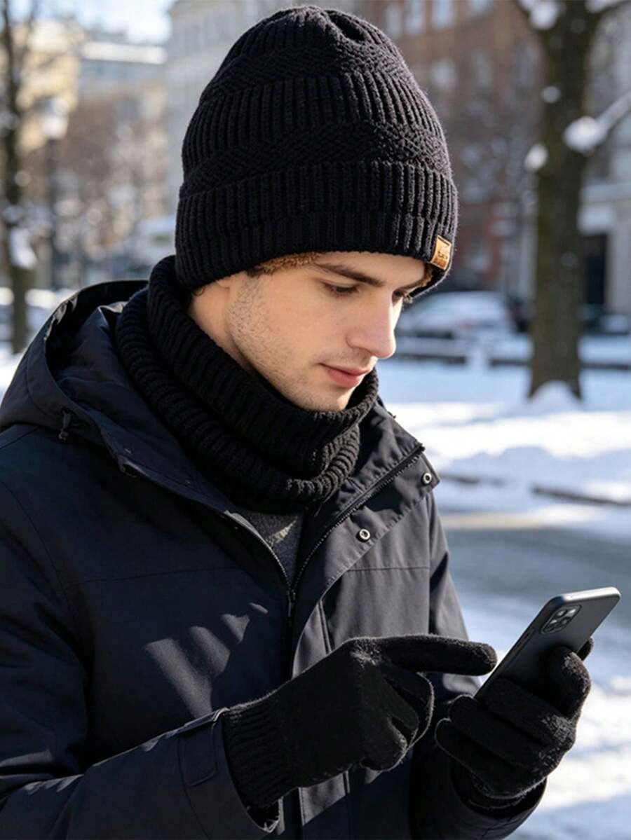 3PCS Autumn/Winter Knitted Hat, Scarf And Touchscreen Gloves Set, Unisex, Cold-Proof Ear-Covering Woolen Hat Set, Suitable For Daily Wear - Multicolor - View 1