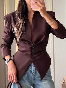 Black Stand Collar Ruffle Trim Blazer, Slim Fit Waist, French Elegant Commuter Style - Coffee Brown - View 3