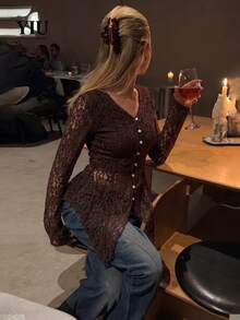 YIU LUMOS Women's Coffee Brown Lace Cardigan, Openwork Long Sleeve Button Front Relaxed, Vintage French Chic Top For Fall Winter Daily Office - Coffee Brown - View 6