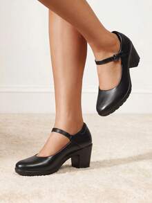 Zapatos de Tacon Bajo para Mujer, Zapatillas Mary Jane con Puntera Redonda para Trabajo Oficina y Boda - Negro - Ver 3