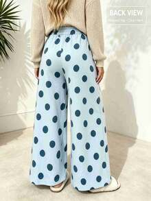 Women's Light Blue Polka Dot Wide Leg Pants, Loose-Fitting Plus-Size Casual Streetwear, Suitable For Back-To-School Shopping, Soft Draped Clothing. - Sky Blue - View 3