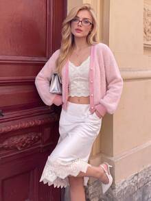 Nicenter Women's Fall Winter Casual Simple Pink Fuzzy V Neck Pearl Button Long Sleeve Wool Blend Cardigan Sweater, For Office Daily Home Date - Pink - View 1