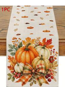 Thanksgiving Autumn Table Runner, Watercolor Pumpkin Berry Bow Pattern, Rustic Country Style, Autumn Holiday Dining Table Decor, Maple Leaf Pine Cone Floral Print, Linen Texture Tablecloth, Dining Room Kitchen Home Decor - Multicolor - View 13