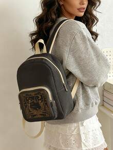 1PC Kitten‑Print Women Mini Backpack, Corduroy Girl School Bag, Travel Storage Bag, Large Capacity Foldable Lightweight Backpack, Multi‑Pocket Layered Design With Zipper Closure - Black Kitten 22483 - View 2