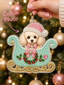 Customized Photo Christmas Ornament, Cute Macaron Color Christmas Sleigh Christmas Hat Pearl Diamond Painting DIY Set, Shiny Handmade Hanging Decoration, Unique Personalized Photo Memorial Gift, Pet Memorial Gift - Multicolor - View 2