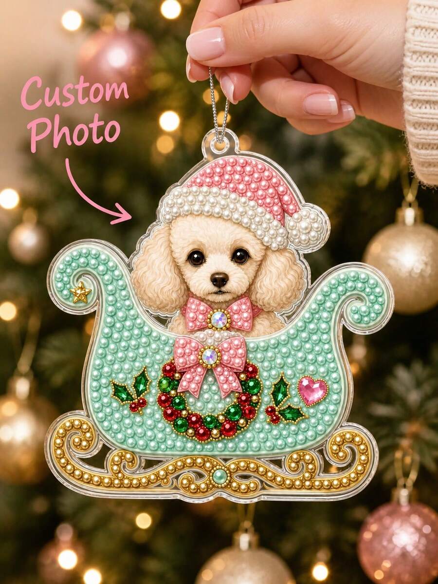 Customized Photo Christmas Ornament, Cute Macaron Color Christmas Sleigh Christmas Hat Pearl Diamond Painting DIY Set, Shiny Handmade Hanging Decoration, Unique Personalized Photo Memorial Gift, Pet Memorial Gift