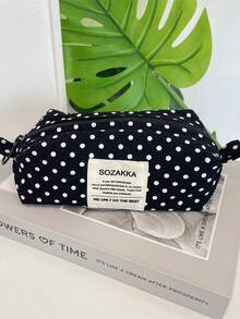 1pc Beige Background Black Polka Dot Canvas Pencil Case, Girls Style Stationery Storage Bag - Multicolor - View 5
