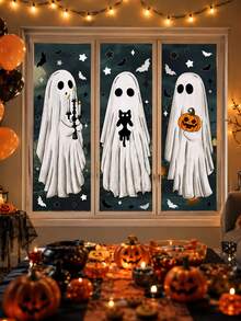6pcs (3 Complete Ghost Patterns) - Large Halloween Ghost Window Decals, Halloween Window Stickers, Vintage Ghost, Evil Ghost, Bat Ghost, Reusable Window Decals, Suitable For Halloween Autumn Party Supplies, Home Glass Decoration, Halloween Window Decoration Stickers, Pumpkin And Ghost Patterns, Party Decoration - Multicolor - View 4
