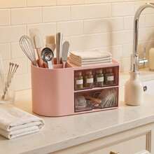 1pc Cosmetic Storage Box, Desk Organizer With 2 Drawers, Desktop Pen And Card Holder, Suitable For Desk, Office Supplies, Office, Home, School - Multicolor - View 4