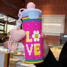 1PC 600ML Heart Tulip, Daisy In English, Minimalist Pattern Stainless Steel Cup, Double Drink Coffee Cup, Portable Straw Cup, Fashionable Lanyard , Suitable For Office, Home, Gift Recommendation, Coffee/Milk/Tea - Multicolor - View 5